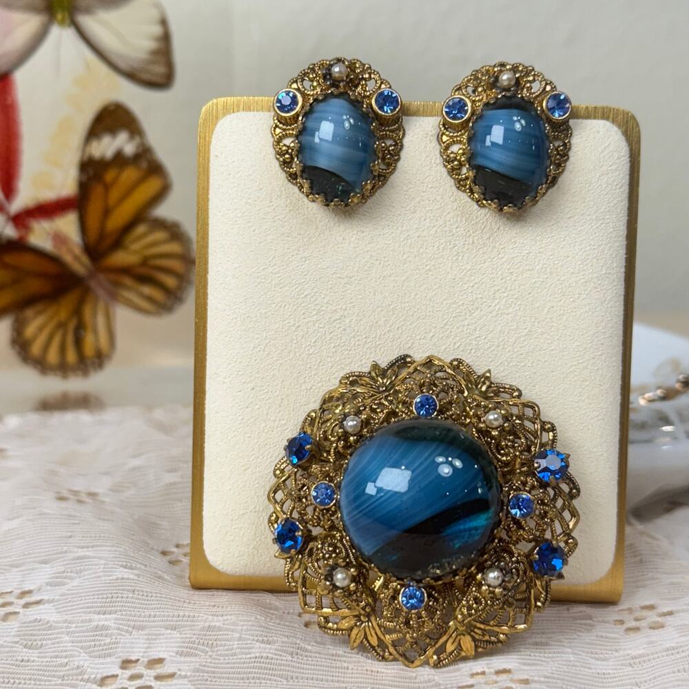 Vintage Blue Porphyry Glass Rhinestone Faux Pearl Earrings Brooch West Germany